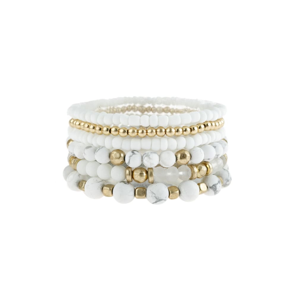 Natural Stone Mixed Beads Stretch Bracelet Set - White - Jewelry