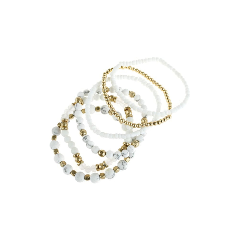 Natural Stone Mixed Beads Stretch Bracelet Set - White - Jewelry