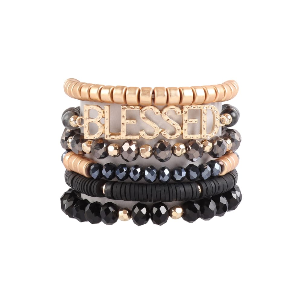 Blessed Charm Multi-Layered Stretch Bracelet Set - Black/Gold - Jewelry