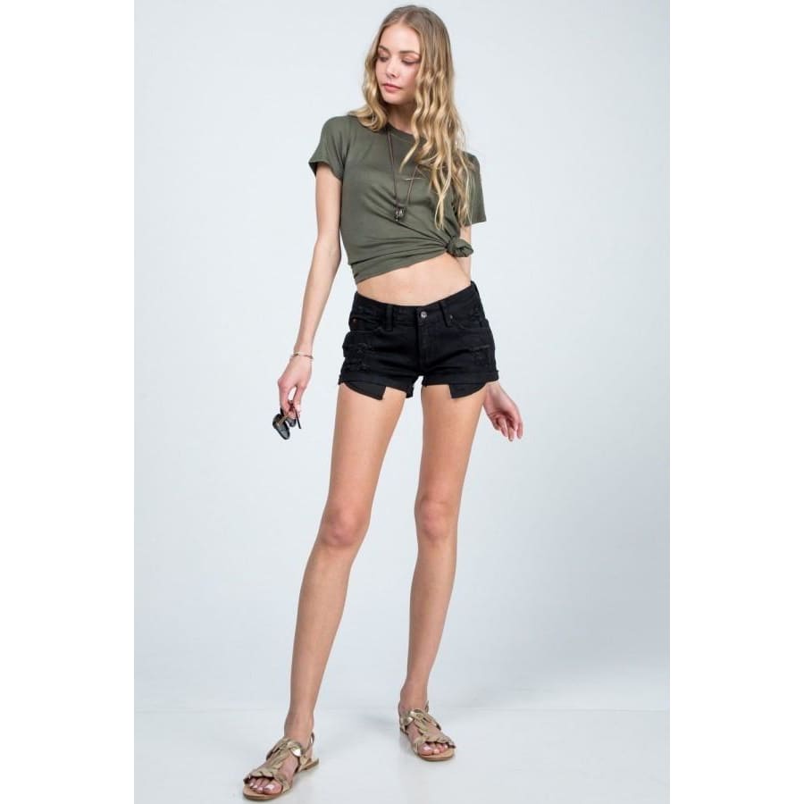 Distressed Low Rise Cuffed Shorts - Black - Small / Black - Bottoms
