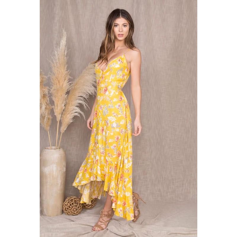 Floral High Low Dress - Small / Yellow - Dresses