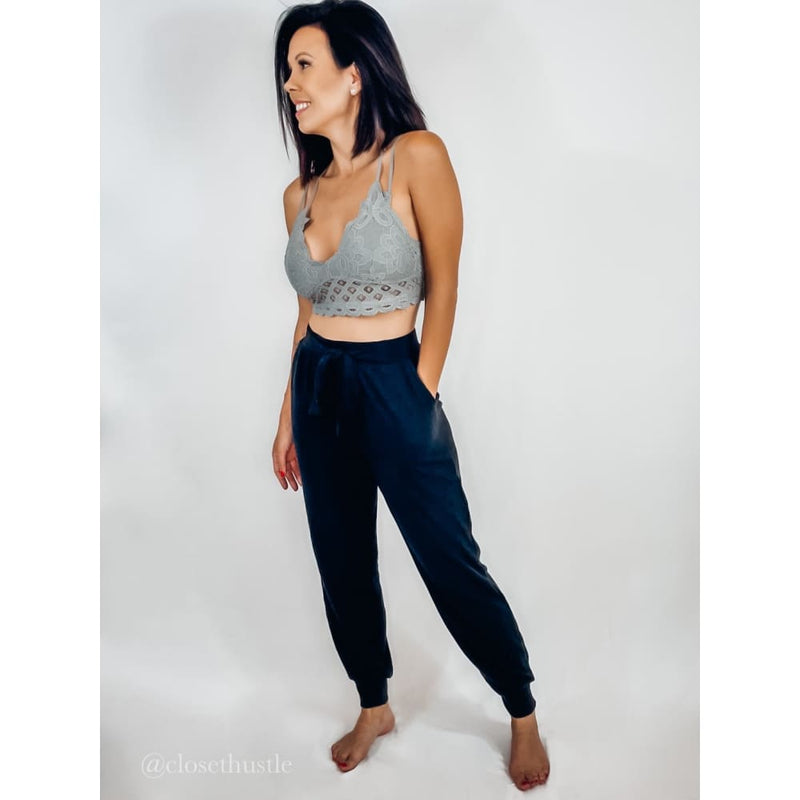 Ribbed Front Tie Waist Joggers - Bottoms