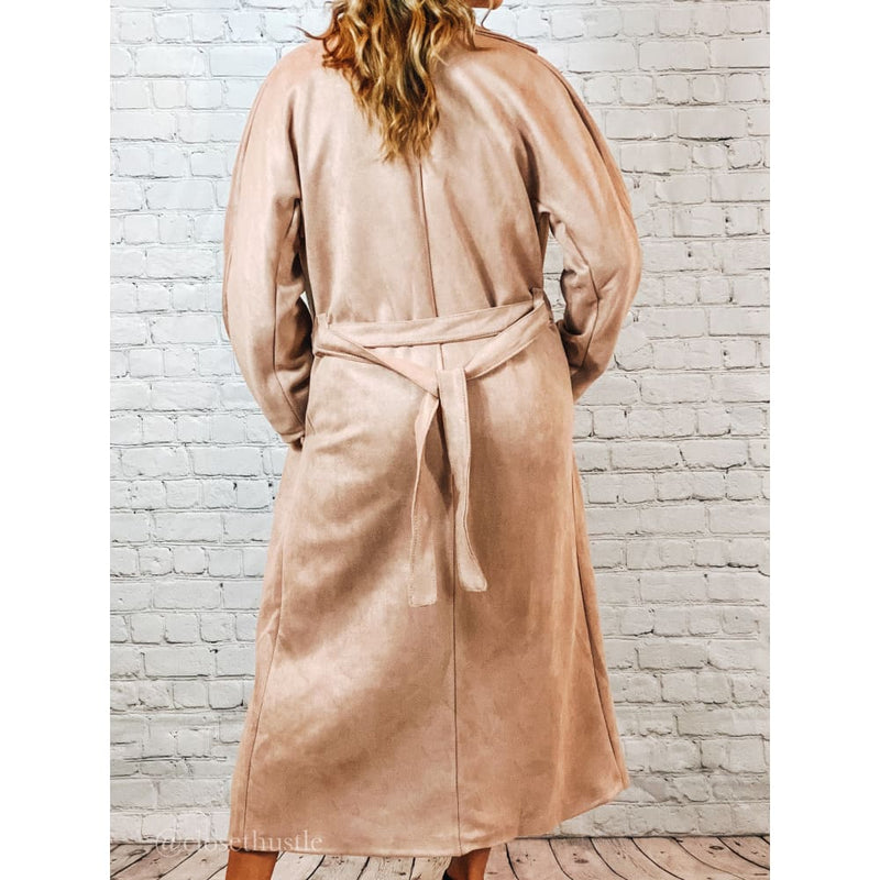 Solid Suede Trench Coat - Outerwear